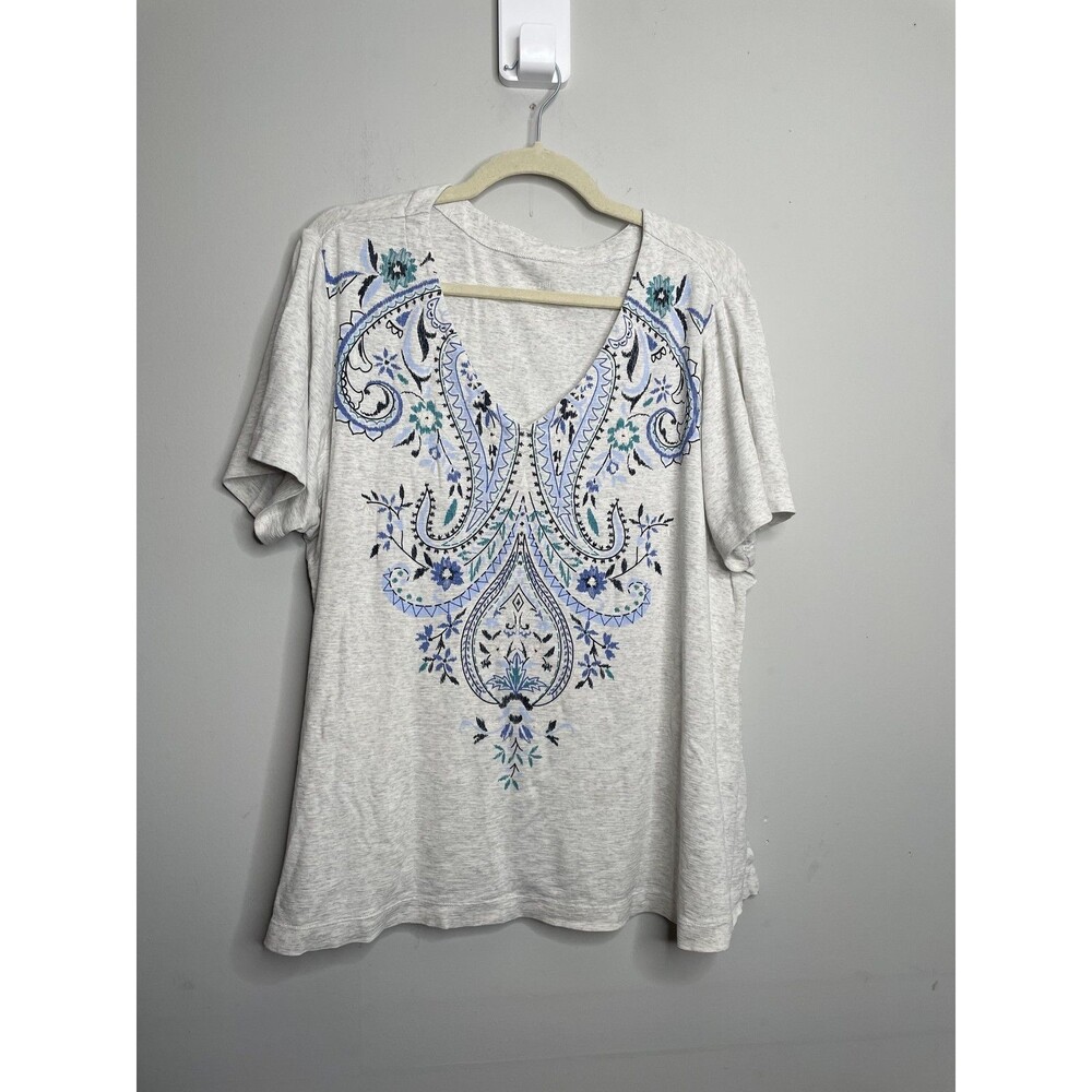 J. Jill Shirt Womens Plus 2X Gray Pima Slub Knit V Neck Paisley Print Casual Tee
